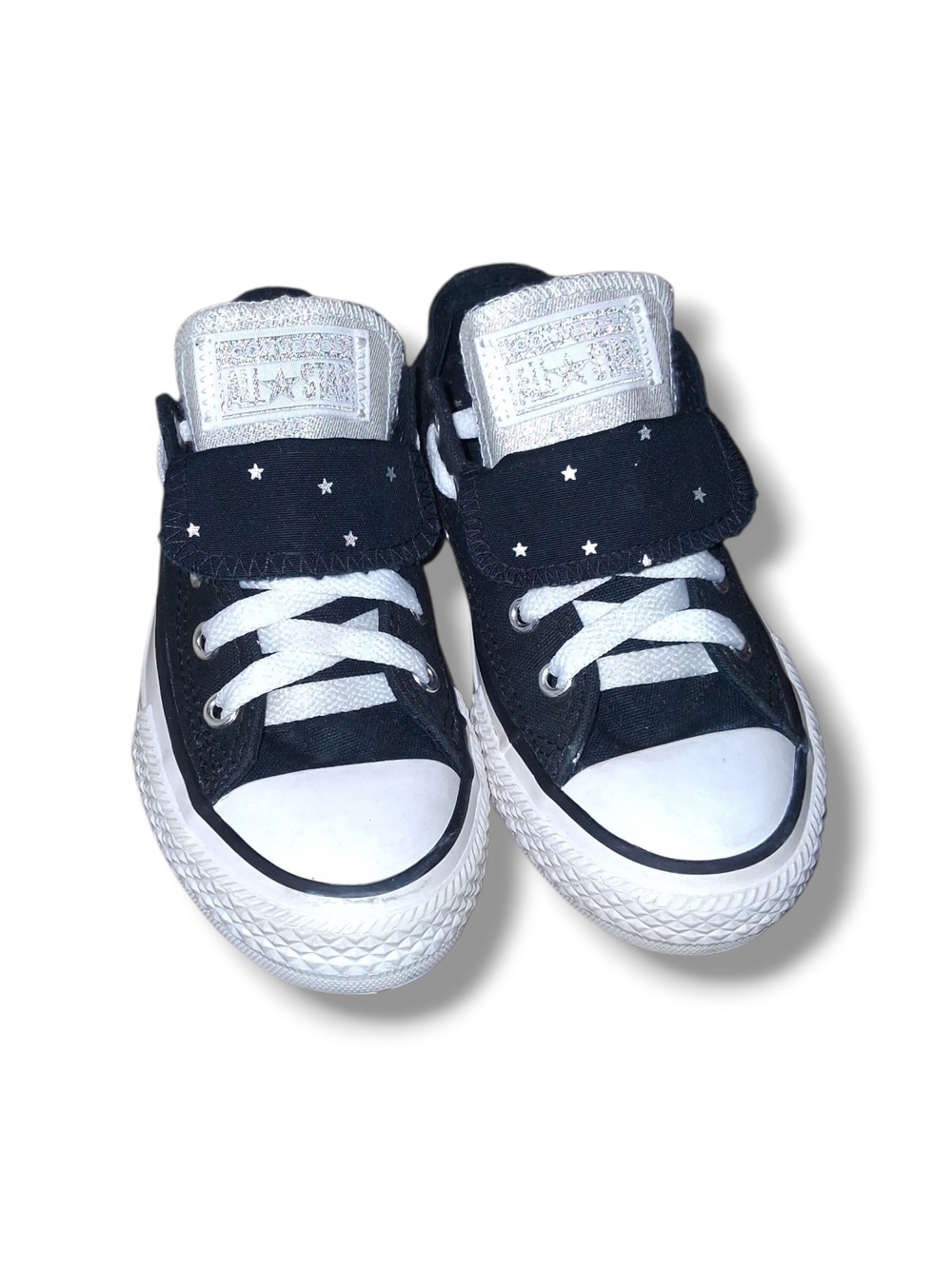 Converse All Star Double Tongue Black Silver Stars Glitter Kids Size 12 660904F